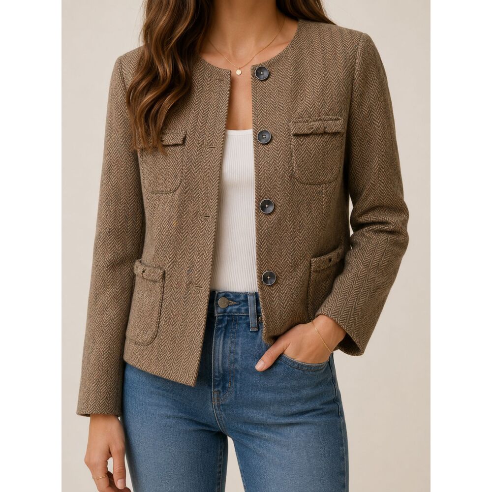 CAbi Herringbone Tweed Blazer Jacket Small Brown Speckled Career Chic Interview